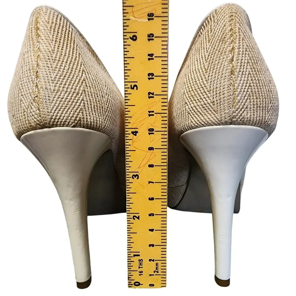 Nine West Women Shoes, Beige & Cream Fabric Print Peep Toe High Heel Pumps, 7.5M